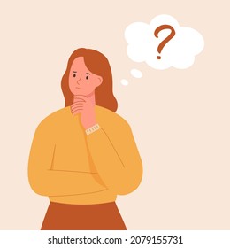 Thinking woman flat vector illustration. Young girl and thought bubble with question. Female character holding her chin and standing in thoughtful pose