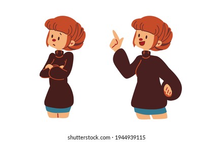 A thinking woman and get good idea flat vector illustration. A portrait of woman make an decision by touching her chin or her head. A woman thinking and solve the problem.