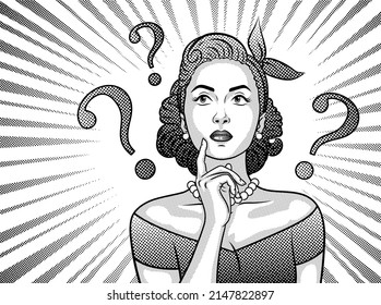 Thinking Woman. The Girl Asks A Question. Brainstorming Concept. Black And White Illustration In Pop Art, Retro, Comic Style.