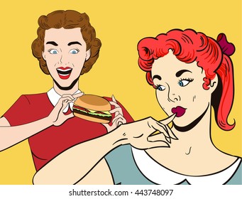 thinking woman and girl with hamburger vector pop art