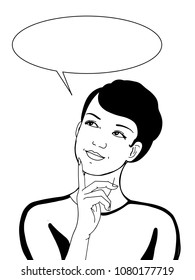thinking woman half body illustration drawing speech bubble black white 