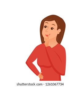Thinking woman isolated on white. Vector illustration of pretty face young girl puzzled with problem looking around. Cartoon design male person have an idea, wondering for decision, smiling.