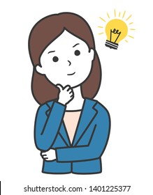 Thinking woman with a light bulb.Solve problems.Come up with an idea.