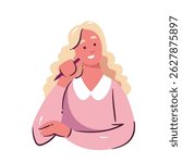 Thinking woman with long blonde hair in a pink blouse, holding pen and smiling, considering new idea. Cartoon doodle vector illustration of lady for web, education, or creative use.