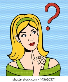 Thinking woman looking up. Hand drawn illustration of dreaming woman. Vector illustration in comic style. Girl with a question mark