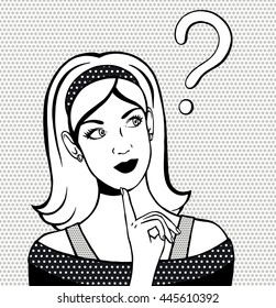 Thinking woman looking up. Hand drawn illustration of dreaming woman. Vector illustration in comic style. Girl with a question mark