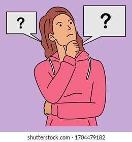 Thinking Woman Looking Up. Vector Cartoon Illustration