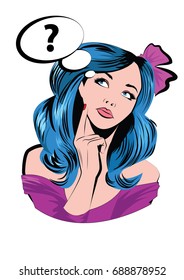 Thinking woman looking up. Vector illustration of dreaming woman.