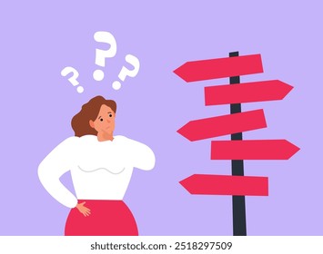 thinking woman make decision choosing the path guidepost with arrows  vector illustration 