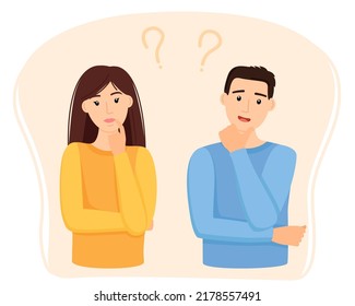 Thinking woman and man with question marks, vector illustration