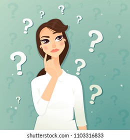Thinking woman. With a question mark. Vector illustration.