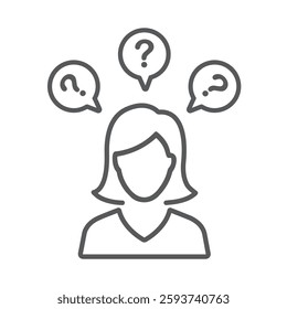 Thinking woman with question marks. 