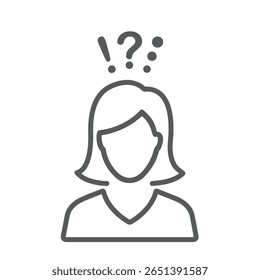 Thinking woman with question marks. 