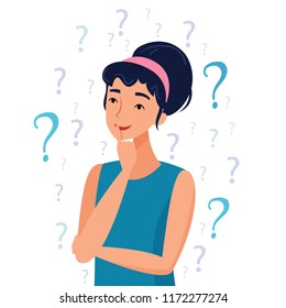 Thinking Woman With Question Marks. Flat Cartoon Style Vector Illustration.