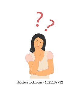 Pensando en la mujer con signos de interrogación. Ilustración vectorial de estilo caricatura plana.