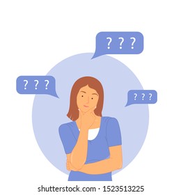 Thinking woman with question marks. Flat cartoon style vector illustration.