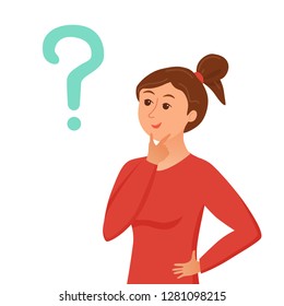 Thinking woman with question marks. Vector illustration of pretty face young girl puzzled with problem looking around. Cartoon design male person have an idea, wondering for decision, smiling.