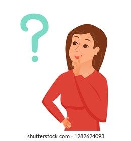 Thinking woman with question marks. Vector illustration of pretty face young girl puzzled with problem looking around. Cartoon design male person have an idea, wondering for decision, smiling.