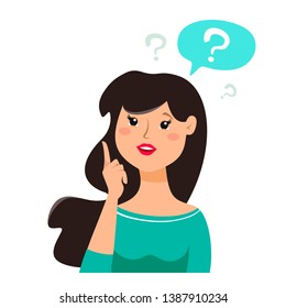 Thinking woman with question marks. Vector cartoon illustration on white background in flat style.