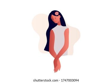 Thinking woman. Sad lonely depressed girl. Young unhappy woman. Cartoon character. Vector illustration in flat style