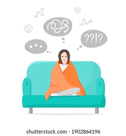 Thinking woman sitting alone at home, many different ideas in head, girl tries to figure something out, concerned about something, difficult thoughts in mind. Self isolation. Vector flat illustration