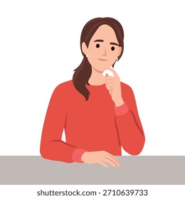 Thinking woman sitting at table. Flat vector illustration isolated on white background