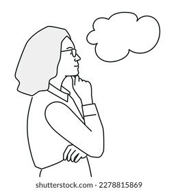 Pensando en la mujer con burbuja de habla. Ilustración vectorial dibujada a mano.