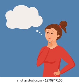 Thinking woman with speech bubble. Vector illustration of pretty face young girl puzzled with problem looking around. Cartoon design male person have an idea, wondering for decision, smiling.