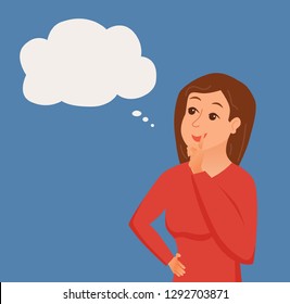 Thinking woman with speech bubble. Vector illustration of pretty face young girl puzzled with problem looking around. Cartoon design male person have an idea, wondering for decision, smiling.