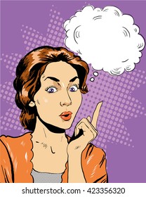 Thinking woman with speech bubble. Vector illustration in retro pop art comic style.