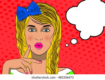 Thinking woman with speech bubble. Vector illustration in retro pop art comic style.