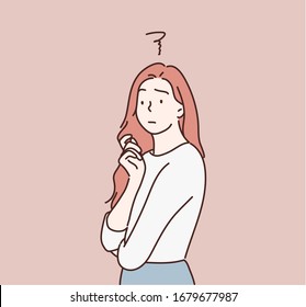 Thinking Woman Standing Pensive Contemplating Looking Skeptic. Hand Drawn Style Vector Design Illustrations.