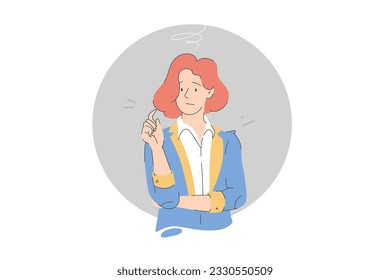 Thinking woman standing pensive contemplating looking skeptic. Hand drawn style vector design illustrations
