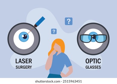 Thinking woman thinking to take lase surgery or eye glasses 2d flat vector illustration