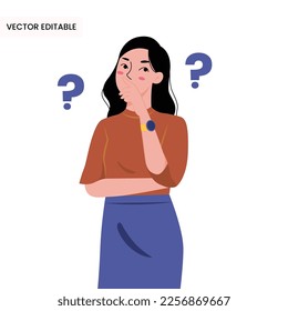 Thinking wondering girl standing vector illustration editable