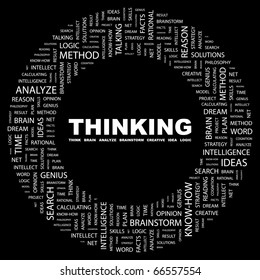 THINKING. Word collage on black background. Illustration with different association terms.