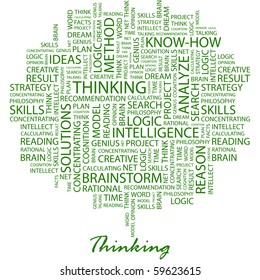 THINKING. Word collage on white background. Illustration with different association terms.