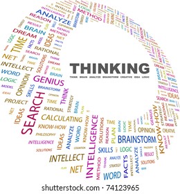 THINKING. Word collage on white background. Vector illustration. Illustration with different association terms.