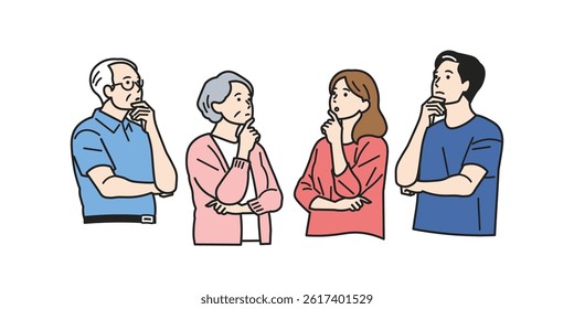 Thinking and Worrying People – Generational Variations. People from young adults to seniors in thoughtful poses. Perfect for content on decision-making, psychology, lifestyle, and family issues.