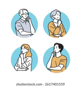 Thinking and Worrying People – Generational Variations. People from young adults to seniors in thoughtful poses. Perfect for content on decision-making, psychology, lifestyle, and family issues.