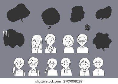 Pensar y preocupar a la gente - Ilustración de conjunto de hombres y mujeres de varias generaciones y burbujas de discurso confuso