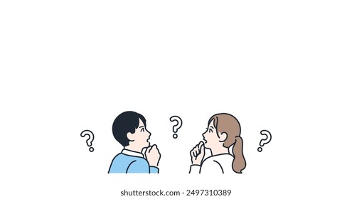 Thinking worrying young couple profile color illustration