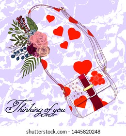 thinking of you - card. bag with red hearts, rose flowers, leaves. vector illustration