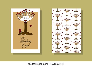 Thinking of you - card. decorative tree of love with hearts. eps10 vector illustration. hand drawing
