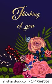 Thinking of you - card  with roses. vector illustration