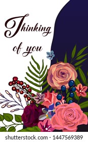 Thinking of you - card  with roses. vector illustration