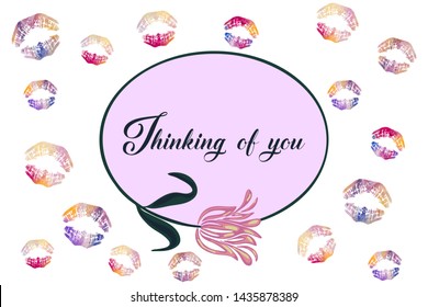 Thinking of you - card. Vector illustration. watercolor lips