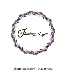 thinking of you - card. vector illustration. Floral frame made from lavender flowers. Purple colors