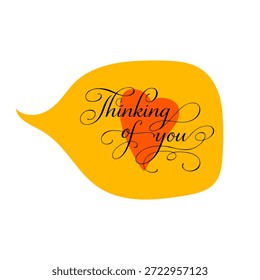 Pensando en su cita de letras dentro de la burbuja de discurso amarillo con forma de corazón. Ilustración vectorial plana aislada sobre fondo blanco. Mensaje de amor y concepto de comunicación romántica.