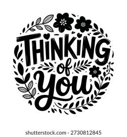 Thinking of you message with floral wreath and leaves